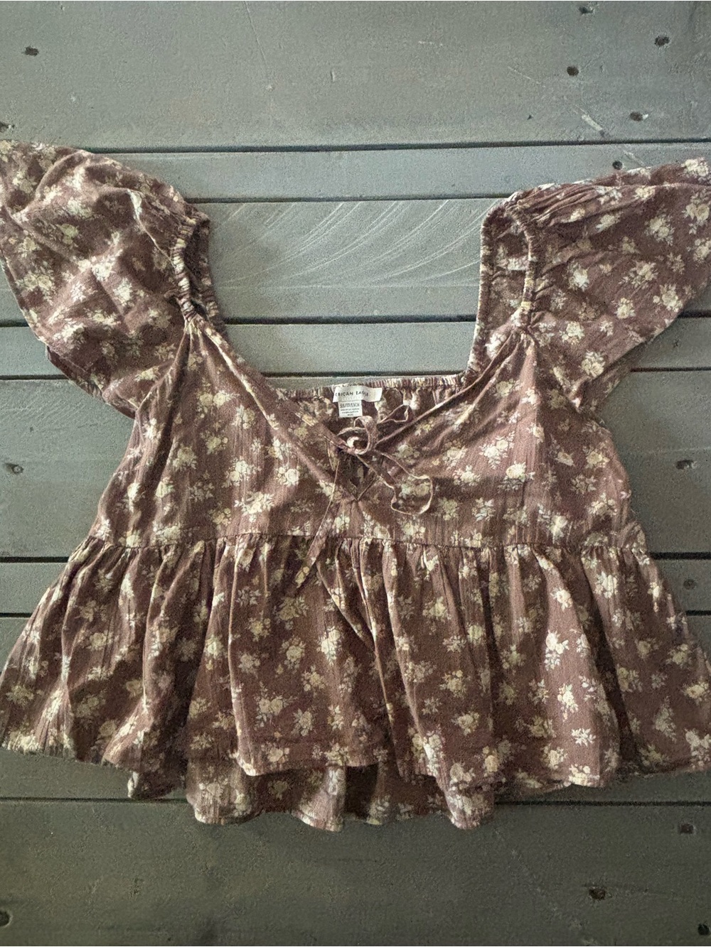 American Eagle Brown Floral Babydoll Top Boho Tie-Front Puff Sleeve Blouse xs